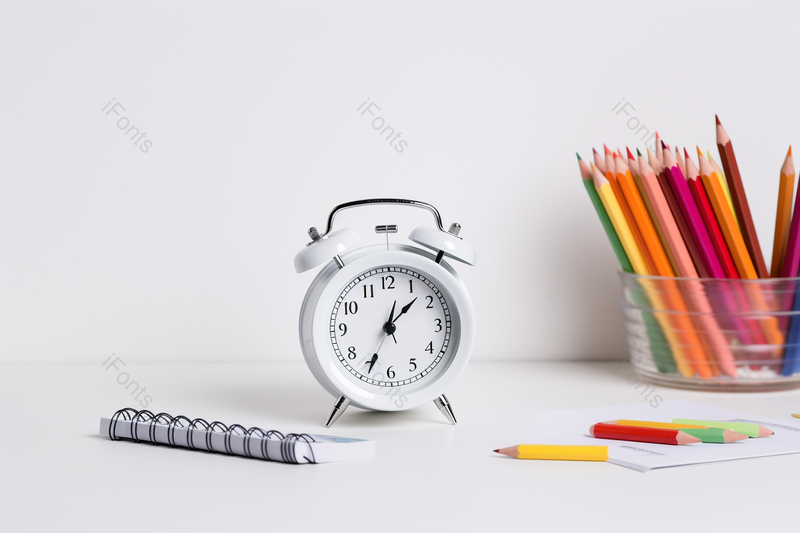 干净创意办白色公桌面小闹钟五颜六色的铅笔,高清,摄影图,摄影图片,图片大全,摄影图免费下载